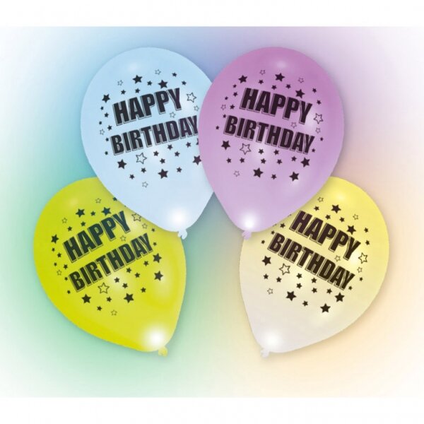 4 LED Luftballons Happy Birthday 24 Stunden Brenndauer