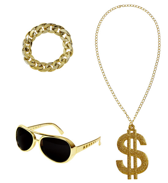 80 er Jahre Set Proll Dollar Goldkette, Brille und Armband